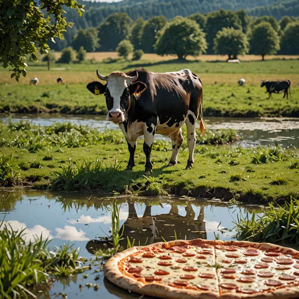 Floating Cow with Pizza Slice over Cannabis Field