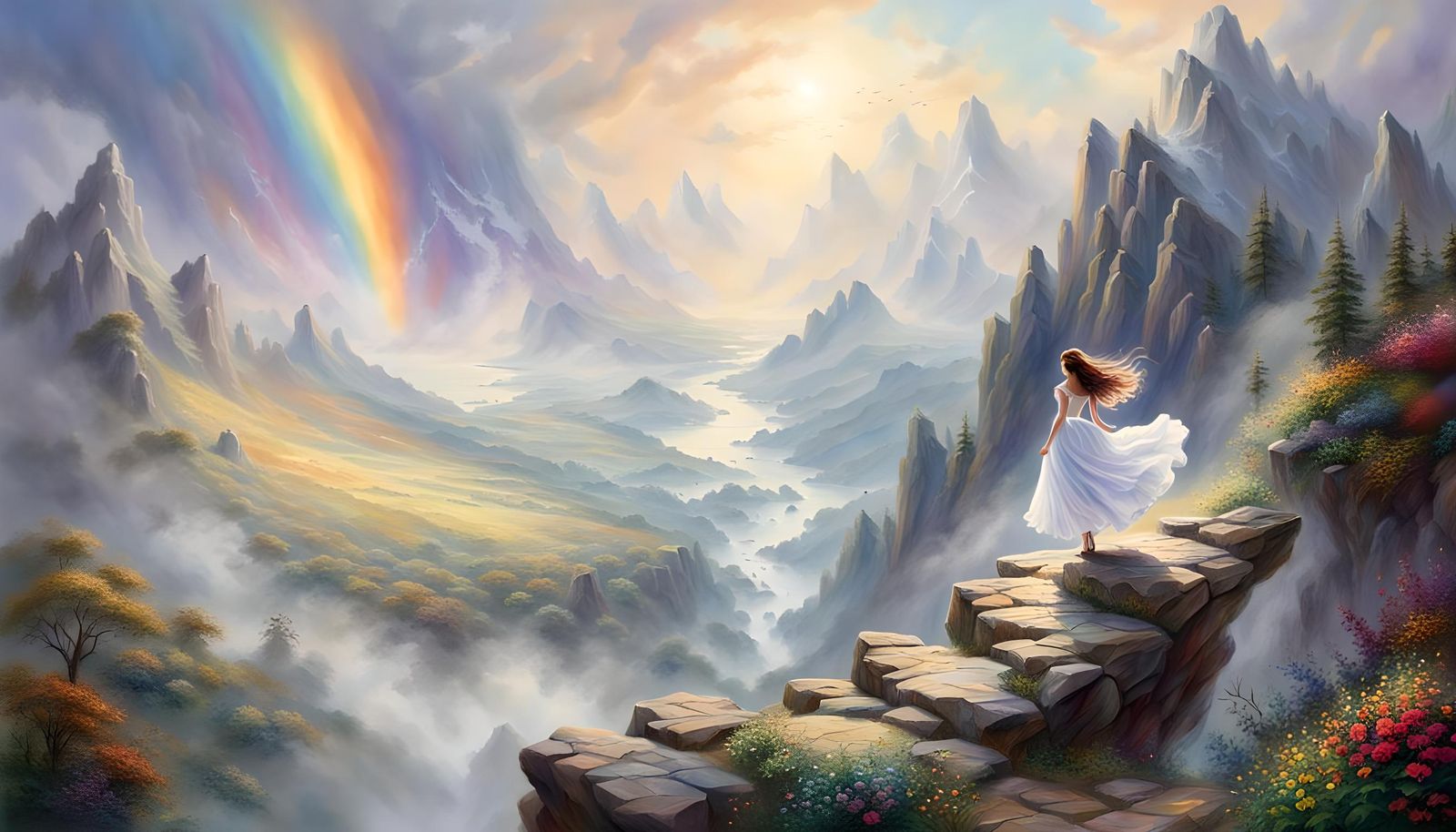 Girl Climbing to Rainbow in Ethereal Fantasy Style