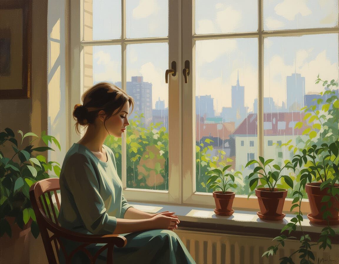 Woman in Conservatory: Impressionistic Oil Painting