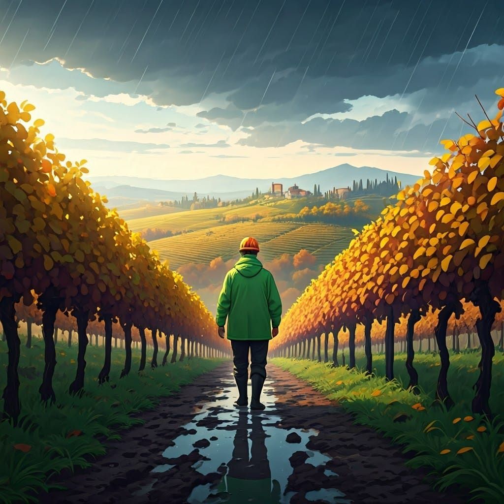 Geologist in Rainy Italian Vineyard, Anime Style