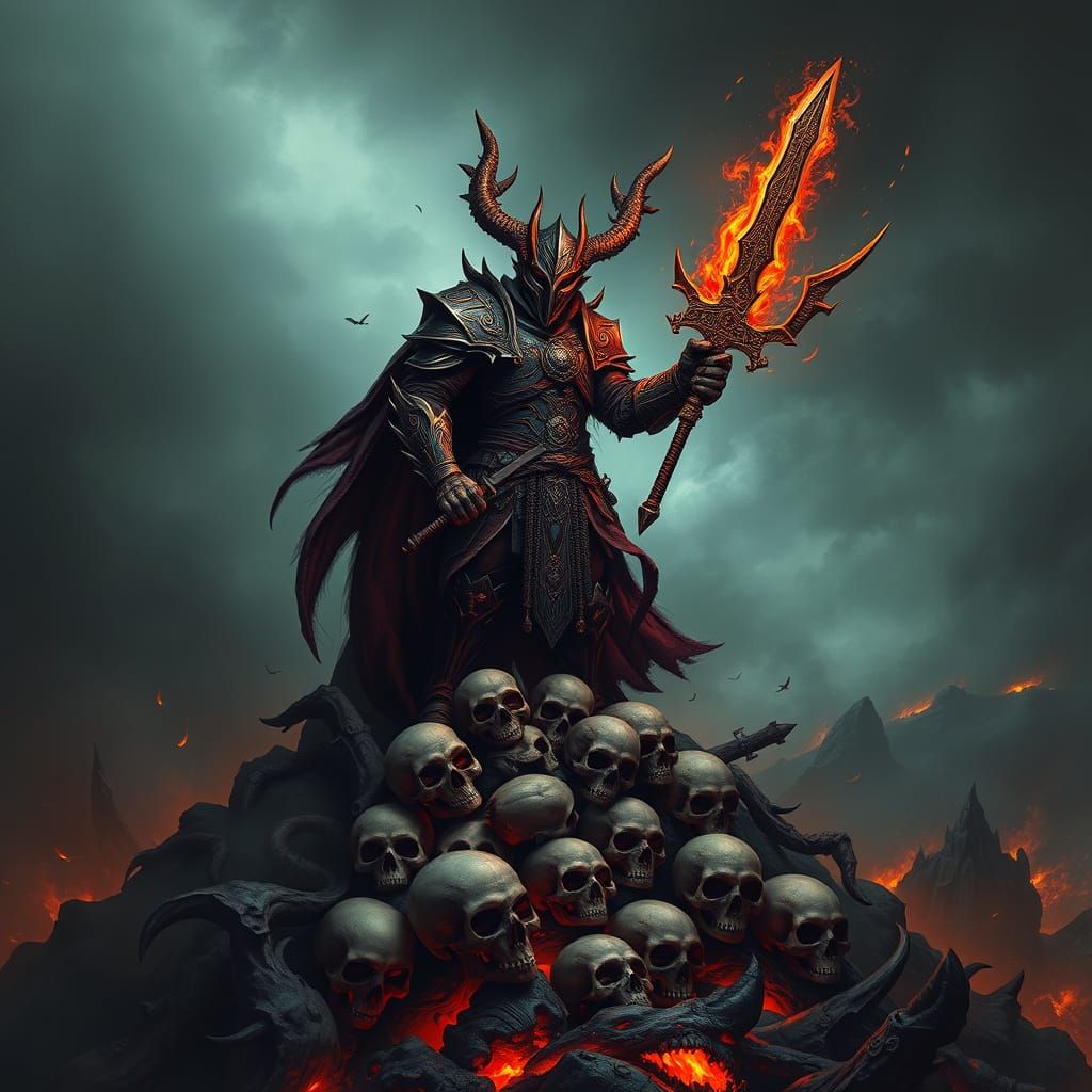 Dark Gothic Demon Hunter in Apocalyptic Landscape