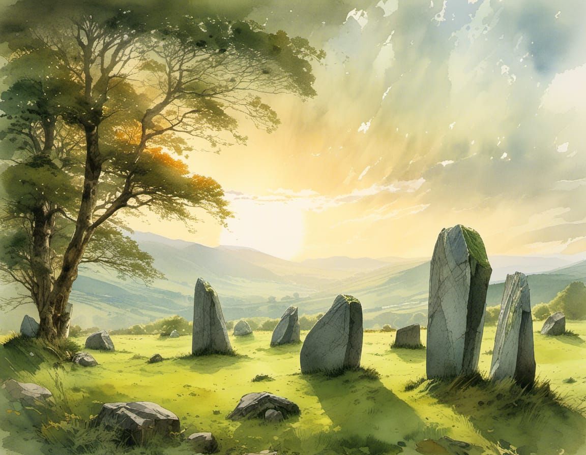 Megalithic Stones in Wales: Stylized Watercolour