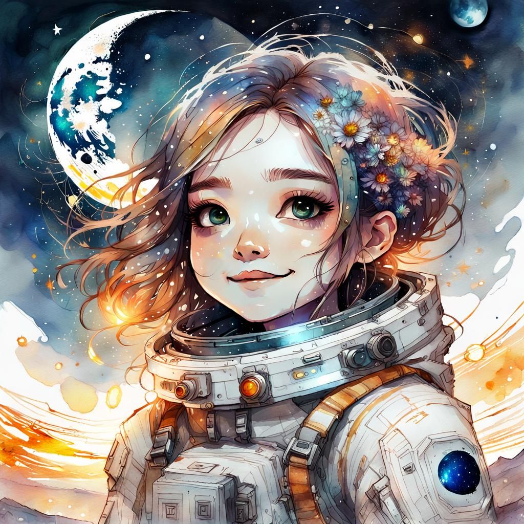 Chibi Rocket Girl in Space: Digital Watercolor Art