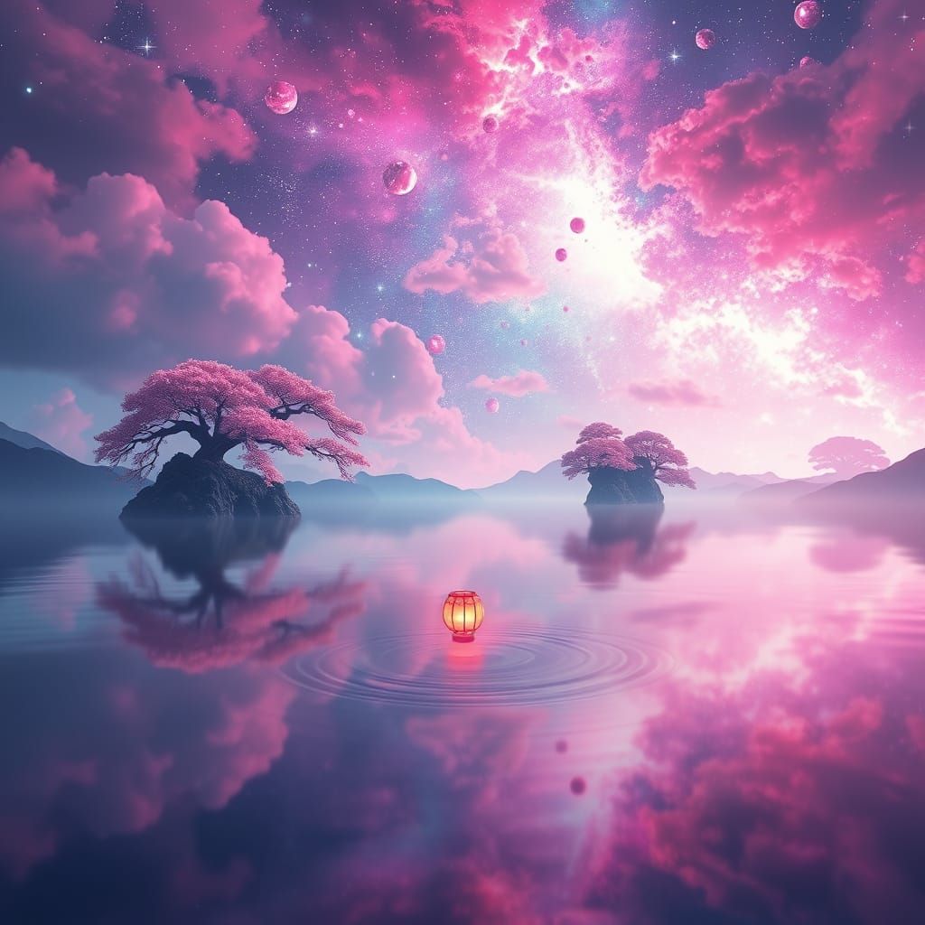 Ethereal Lake Reflecting Vibrant Nebula and Floating Islands