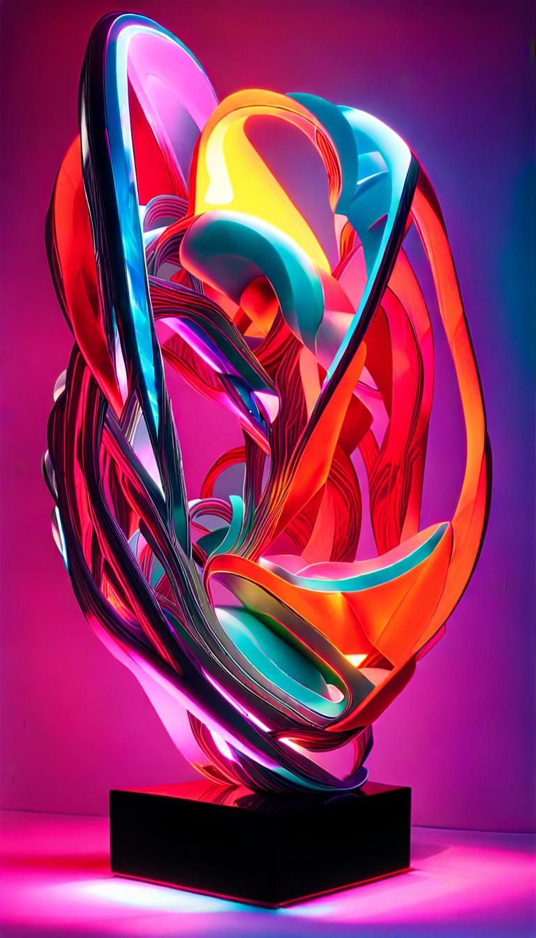 Abstract Chrome Sculpture with Neon Vorticism Lighting