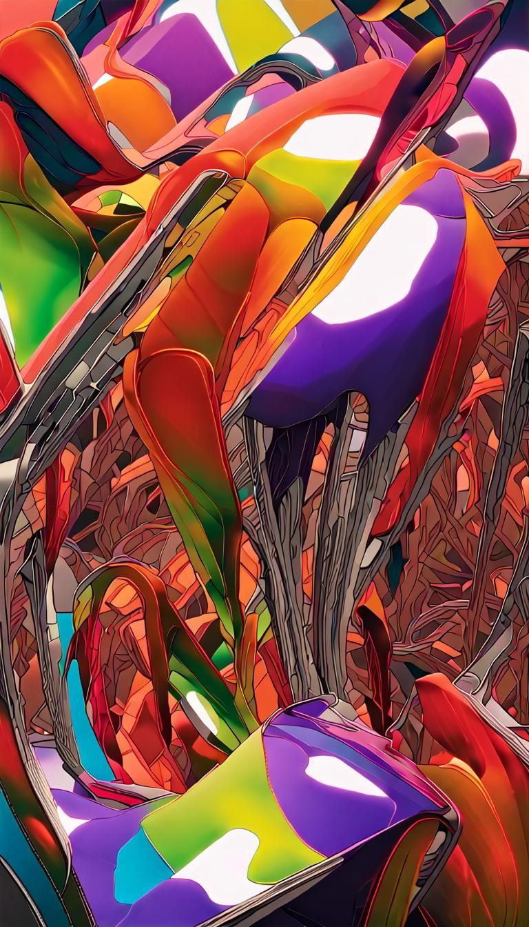 Abstract Chrome Sculpture with Neon Vorticism Lighting