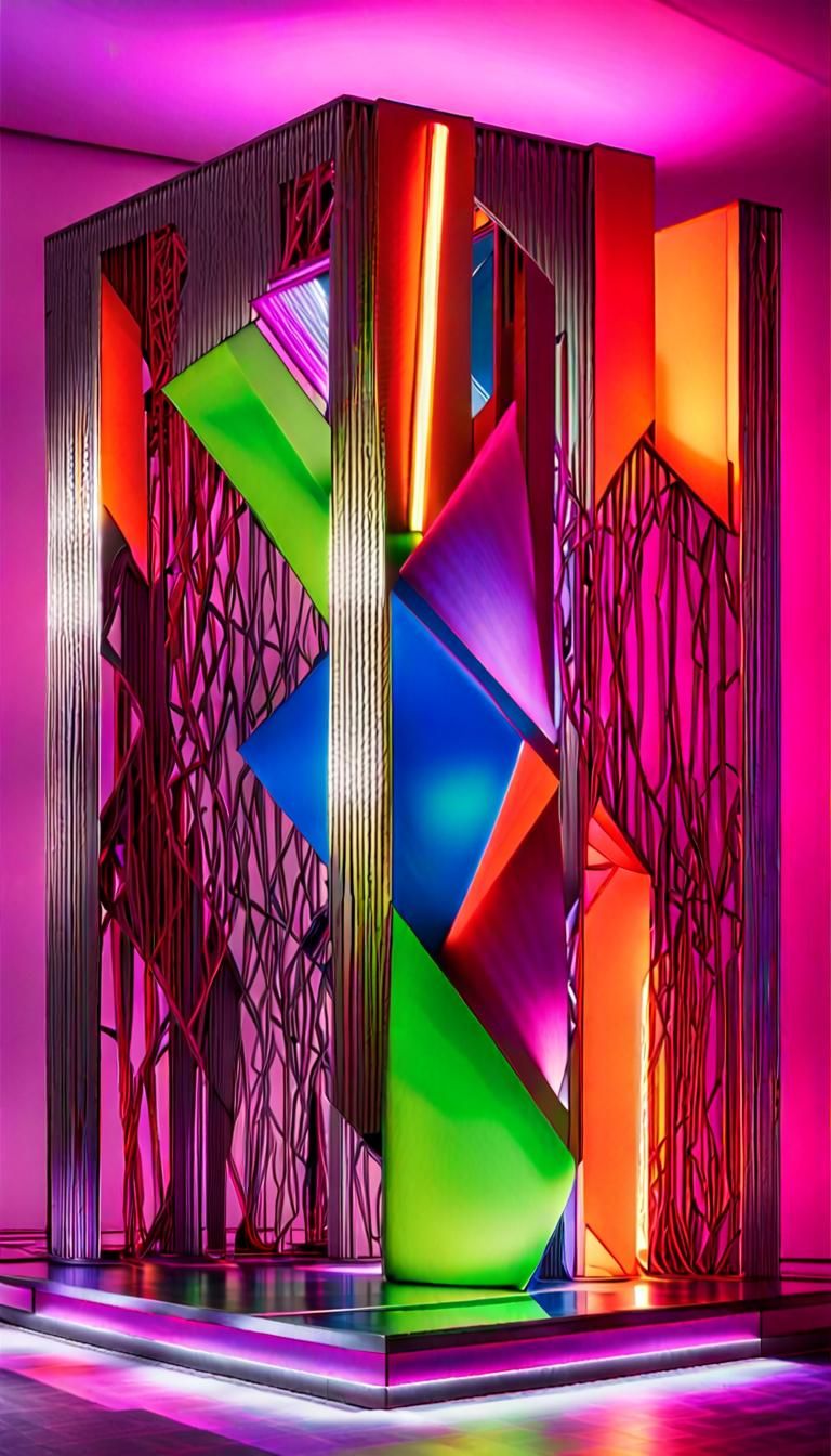Abstract Chrome Sculpture with Neon Vorticism Lighting