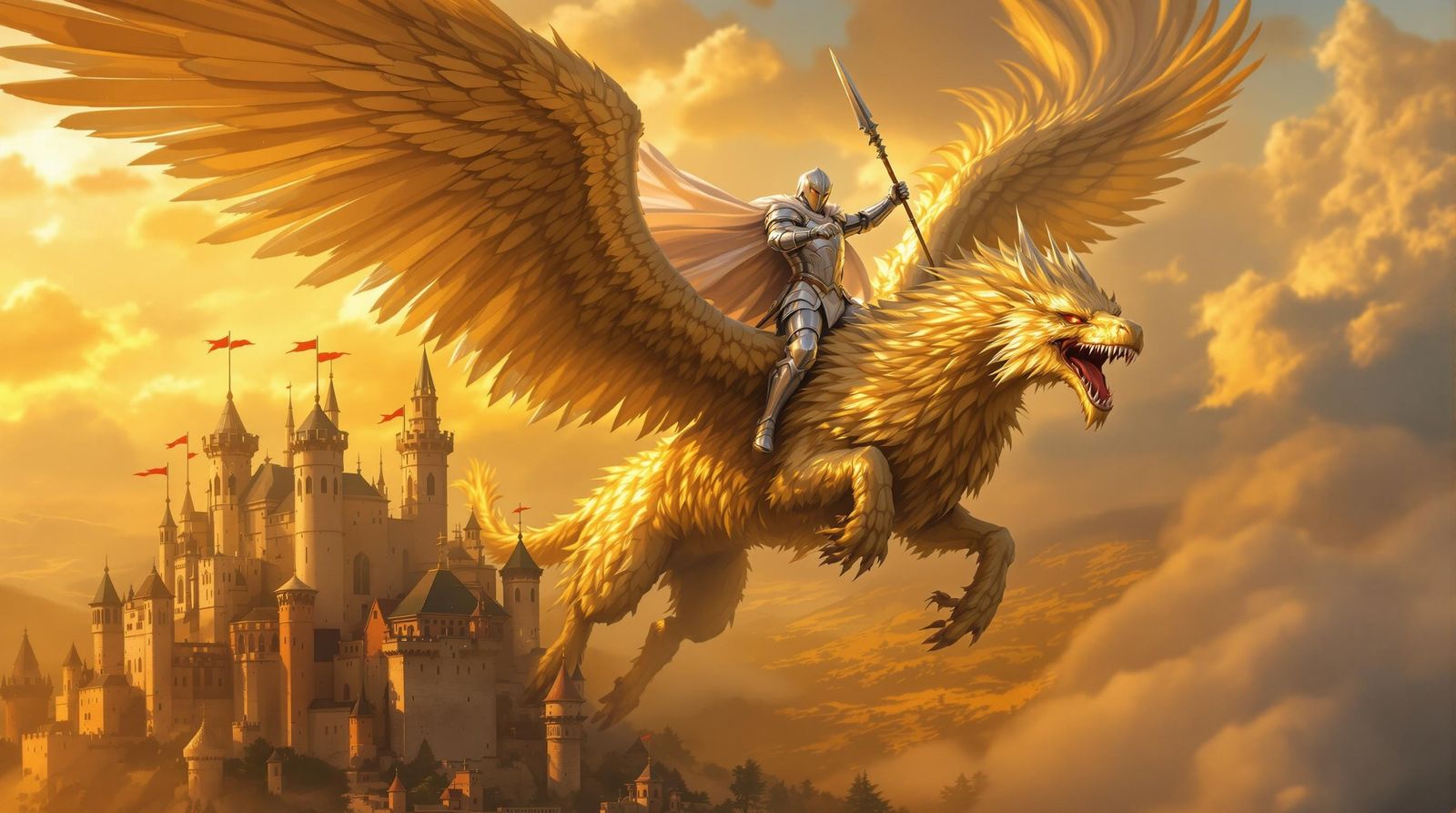 Noble Knight in Shining Silver Armor Soars on Winged Gryphon