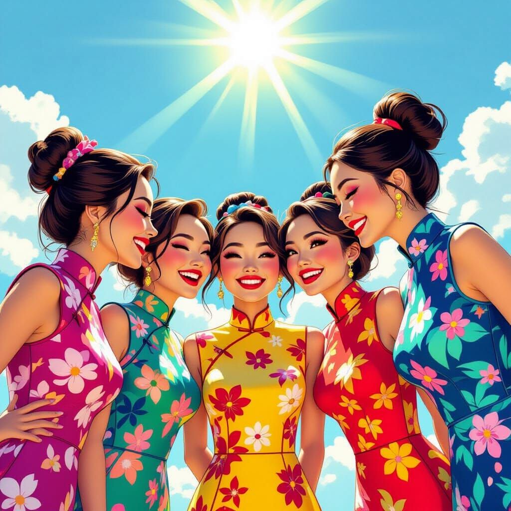 Vibrant Qipao Circle: A Hyperrealistic Cartoon Portrait