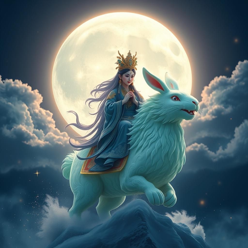 Chang'e and Jade Rabbit in Dreamy Night Sky