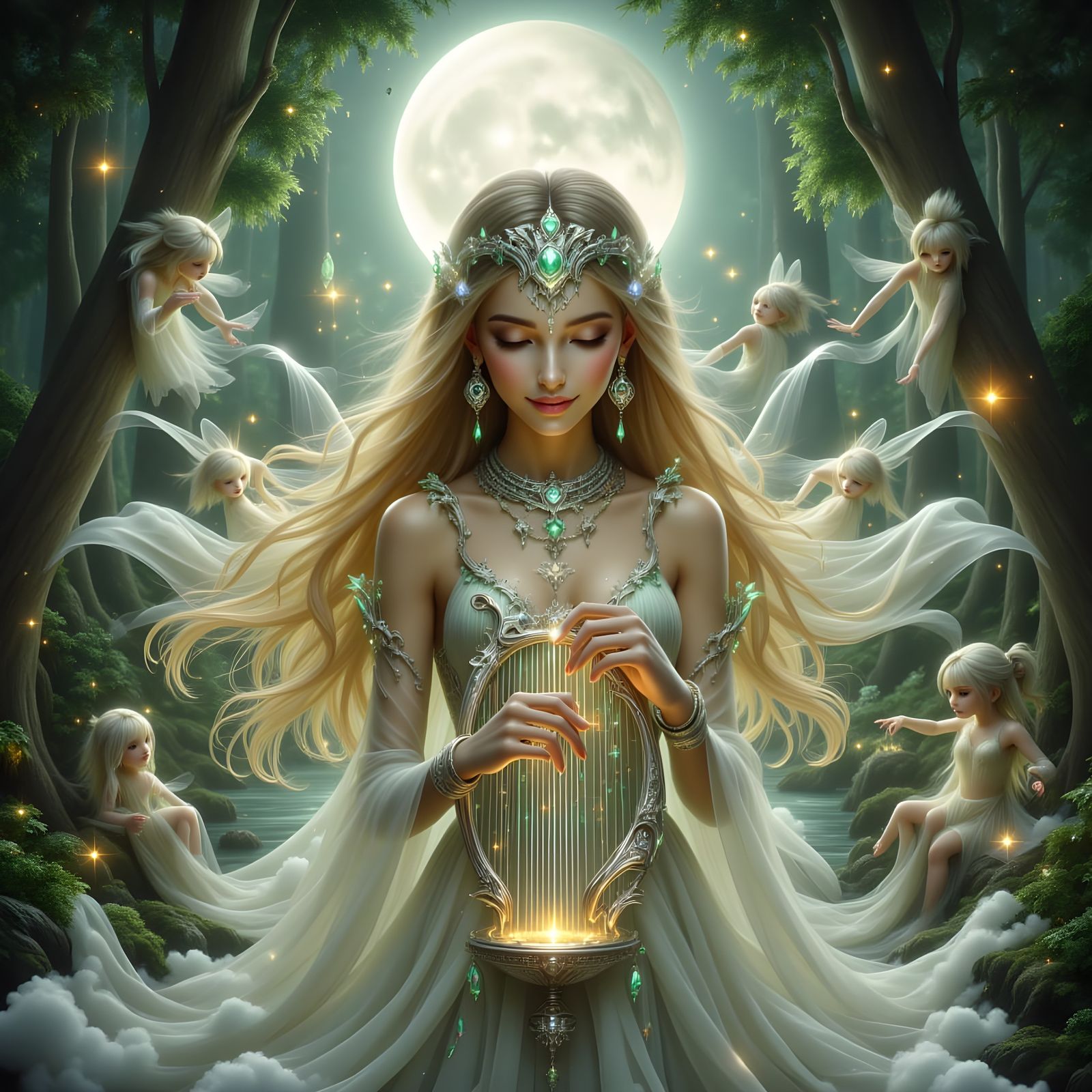 Elf Woman Plays Lyre Under Full Moon