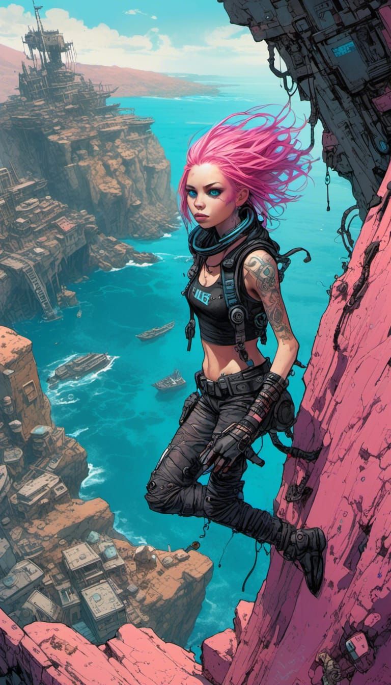 Cyberpunk Punk Girl Diving into Ocean