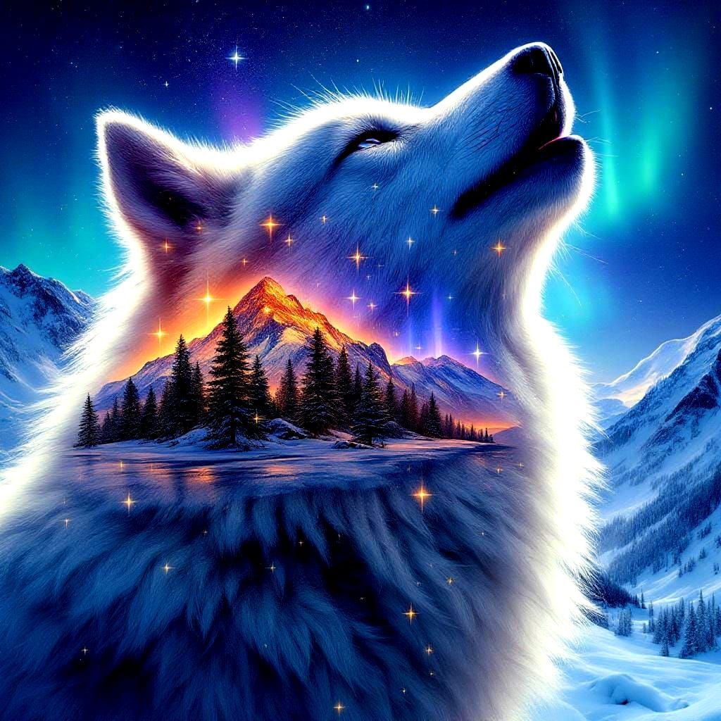 Mystical White Wolf with Aurora Borealis