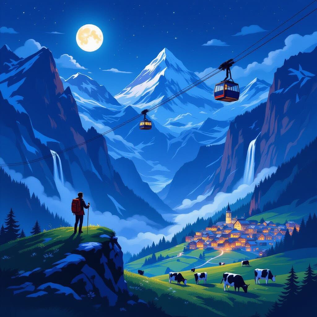 Epic Comic Art: Hiker Views Whimsical Alpine Village