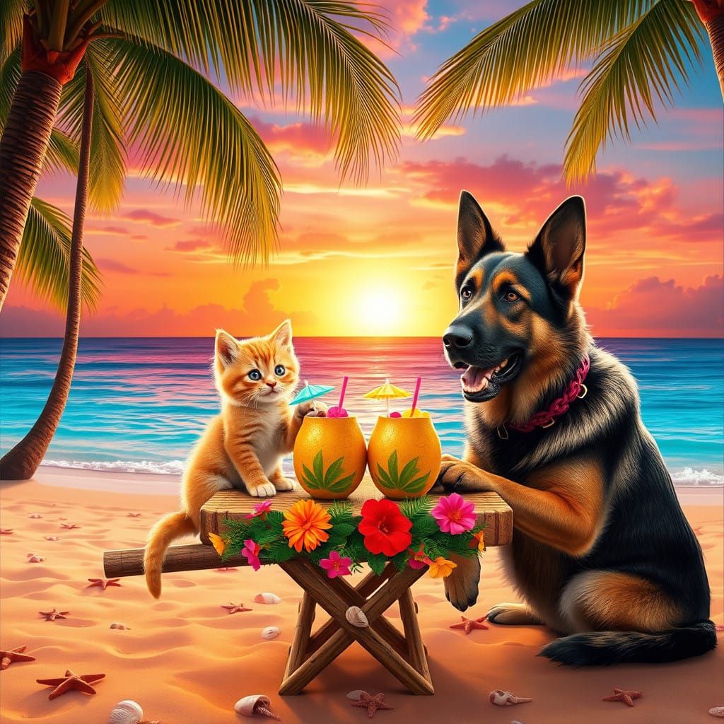 Tropical Sunset with Friends, in a Fantastical Art Style