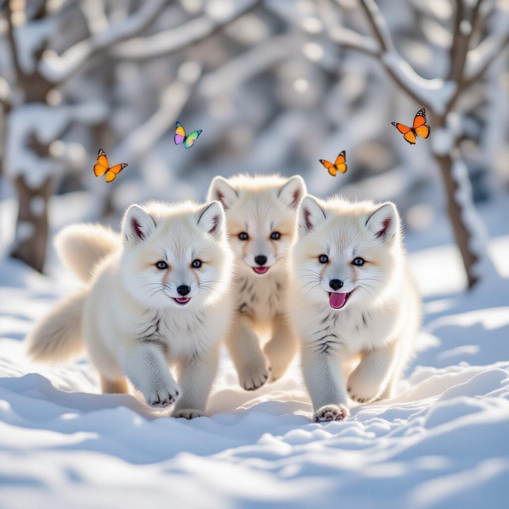 Arctic Fox Puppies Frolic in Snowy Landscape