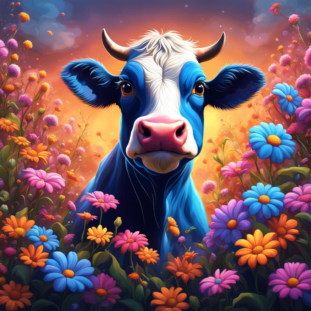 Cute Cow in a Floral Fantasy Landscape
