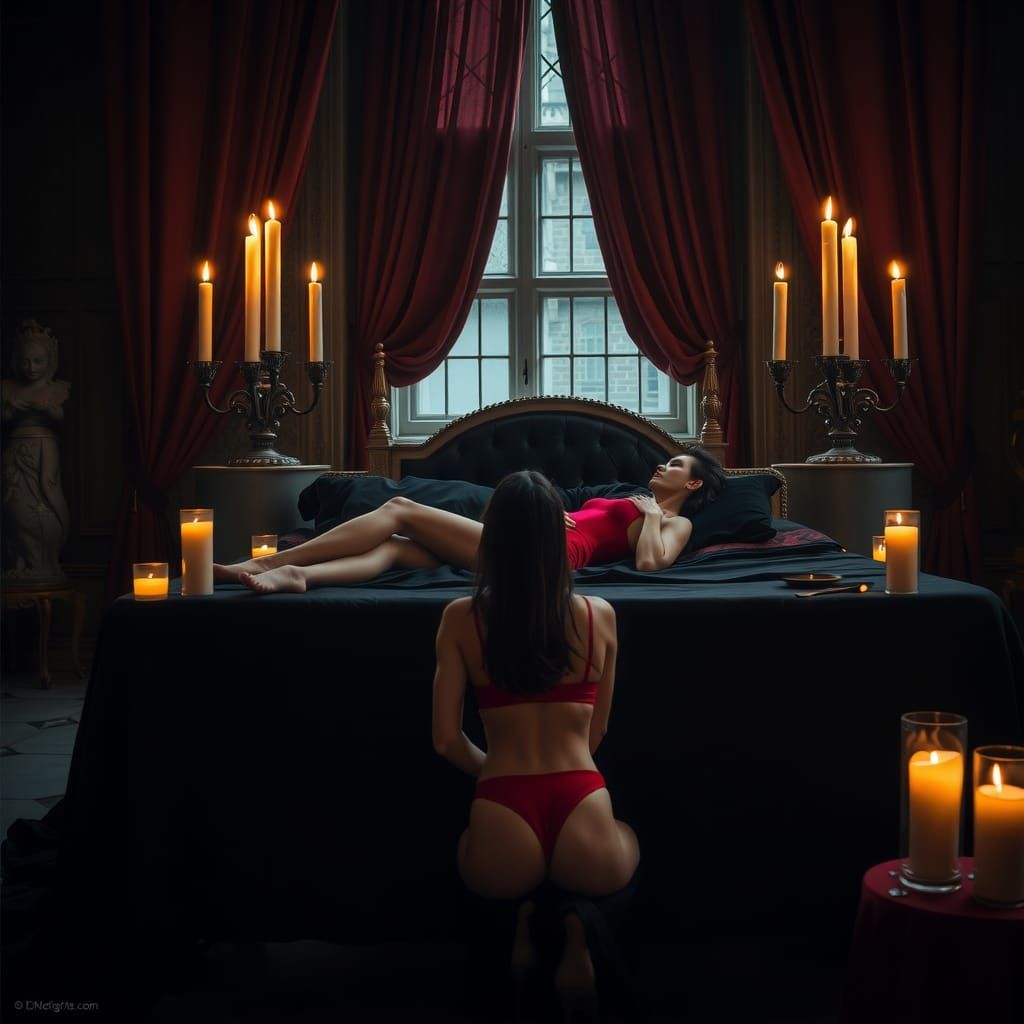 Intimate Castle Scene with Red Lingerie and Candles
