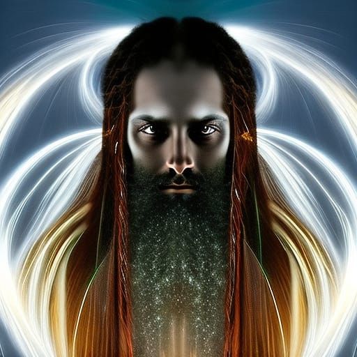 Hyperrealistic Wizard with Flowing Hair and Glowing Eyes