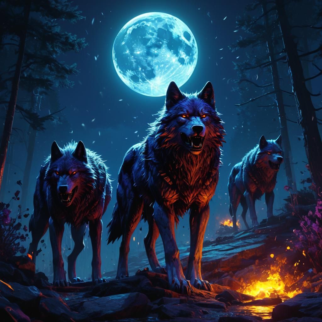 Inferno wolves blazing through the night. Moonlight shining ...
