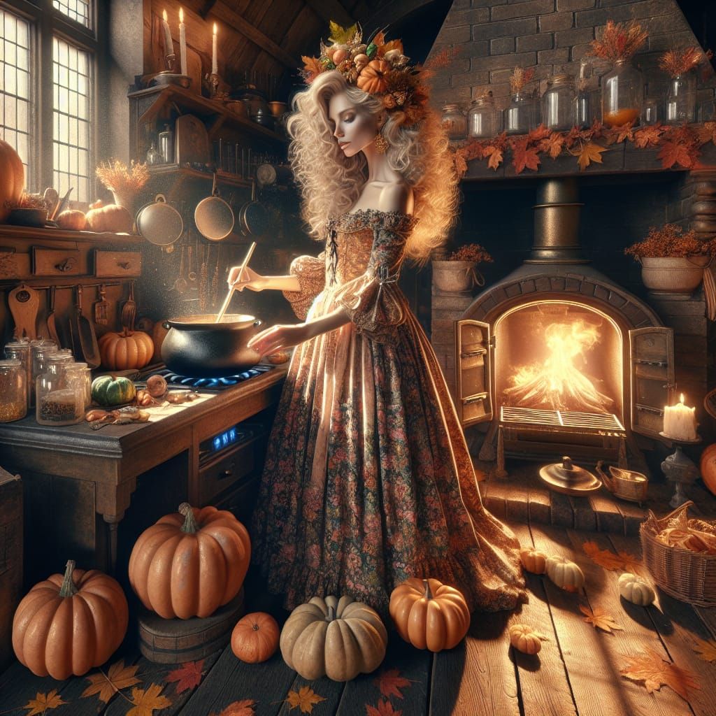 Autumn Witch in Antique Kitchen, 3D Rendered
