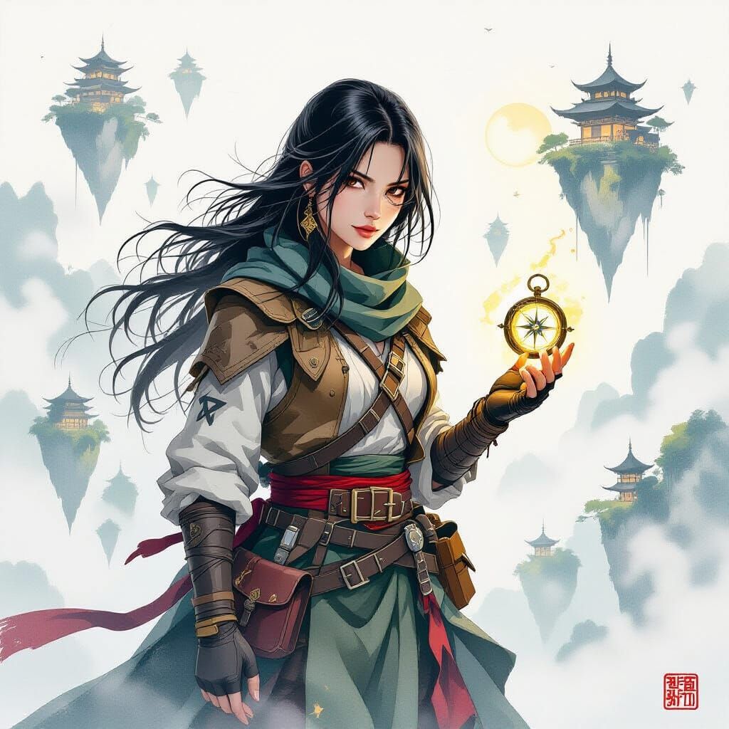 Explorer Woman Navigates Mist-Shrouded Islands for Artifacts