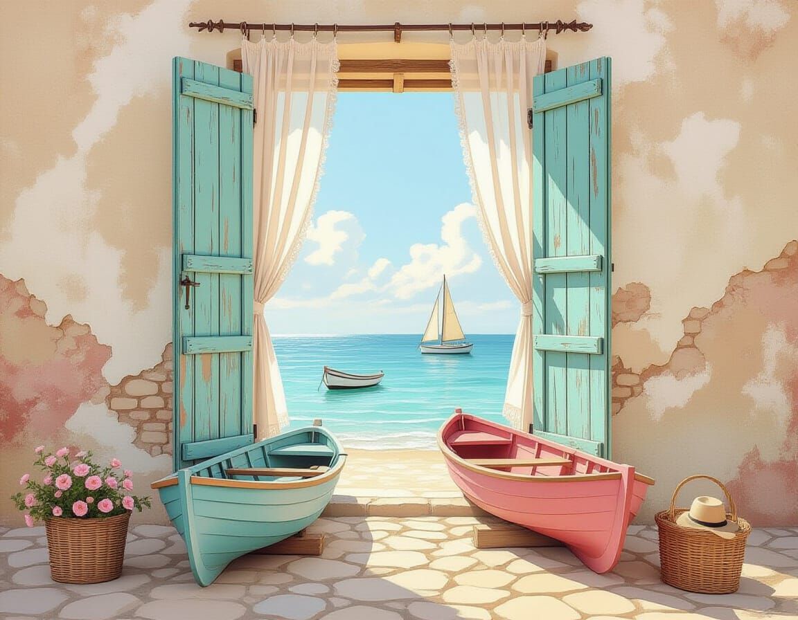 Pastel Shabby Chic Seascape with Open Window