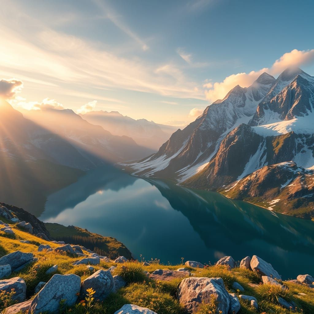 Swiss Alps Sunrise: Golden Peaks and Reflecting Lake