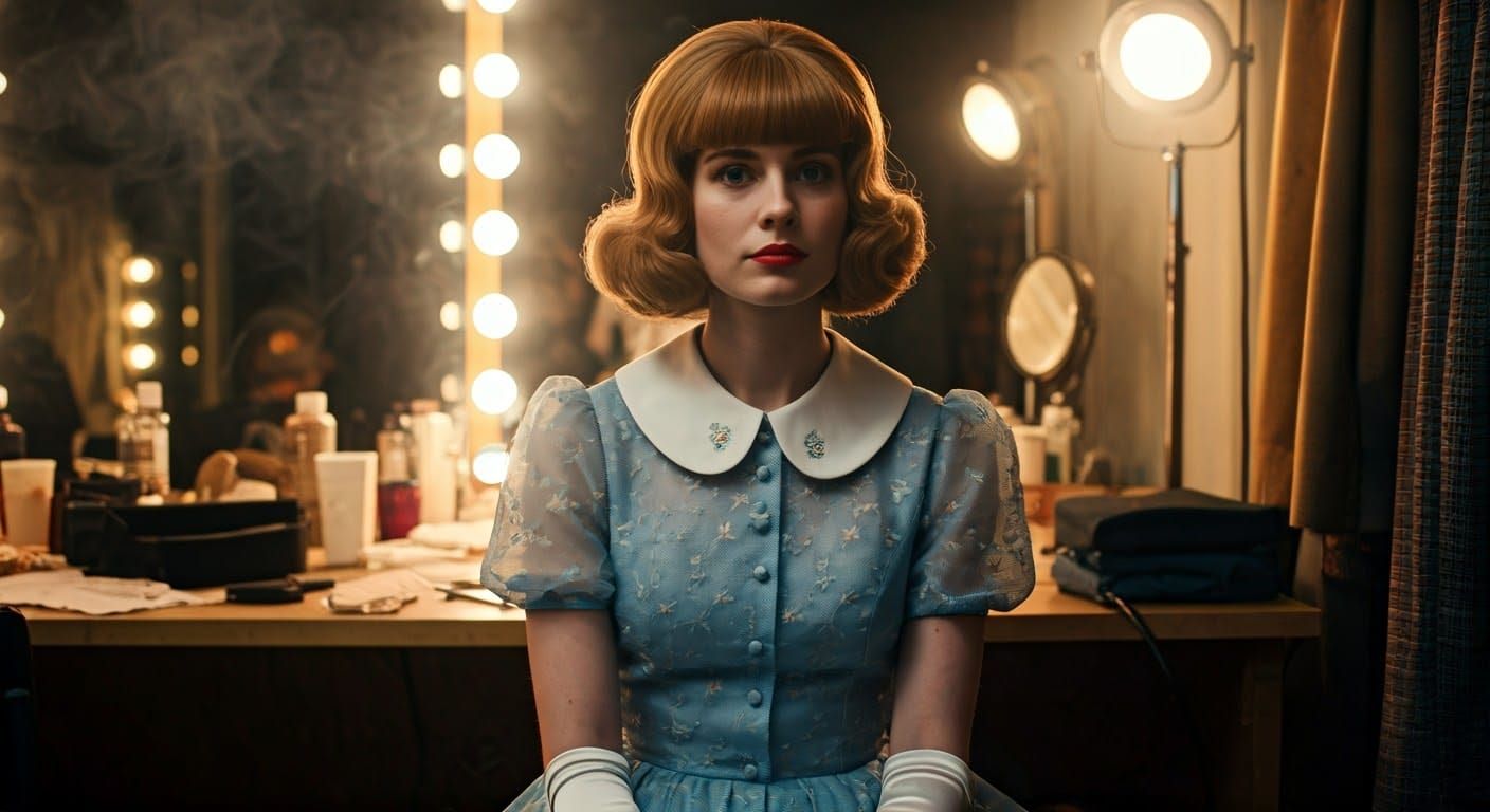 Vintage Backstage Diva Under Dim Harsh Spotlights in Dusty R...