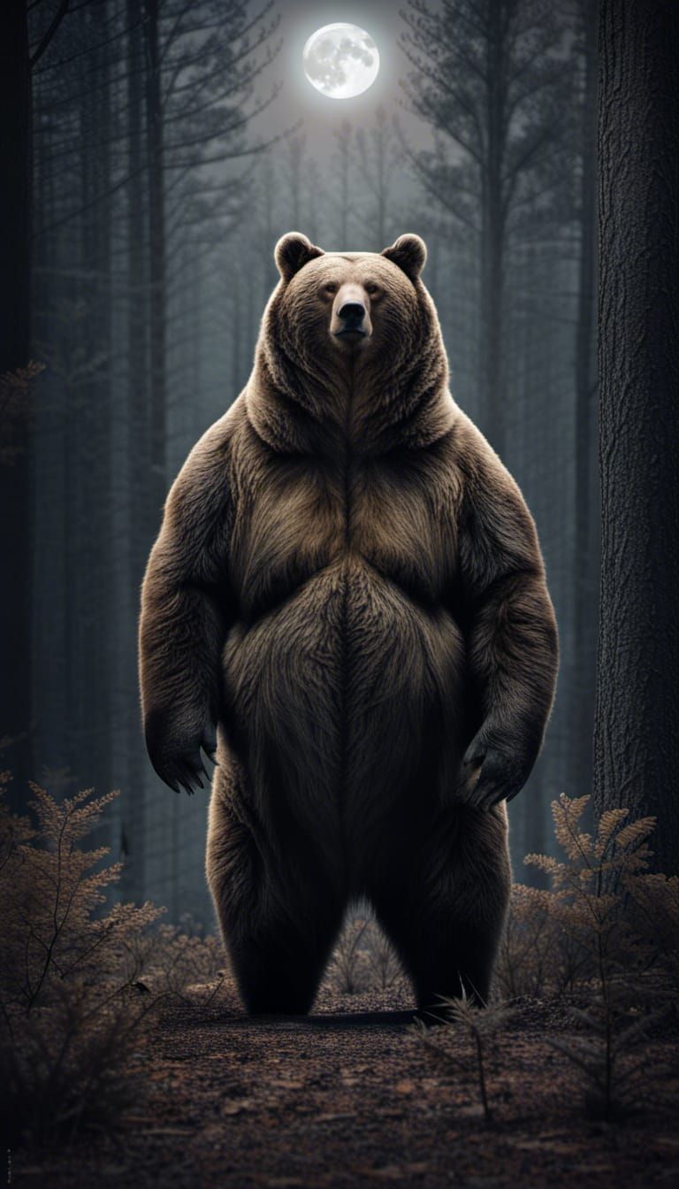 Hyperrealistic Portrait of a Bear in Dark Forest