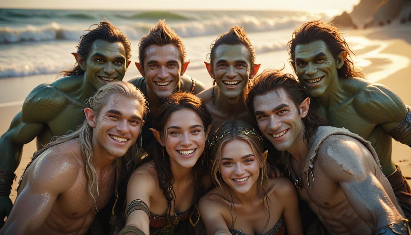 Teenage Friends Beach Selfie: Hyper-Realistic Digital Art