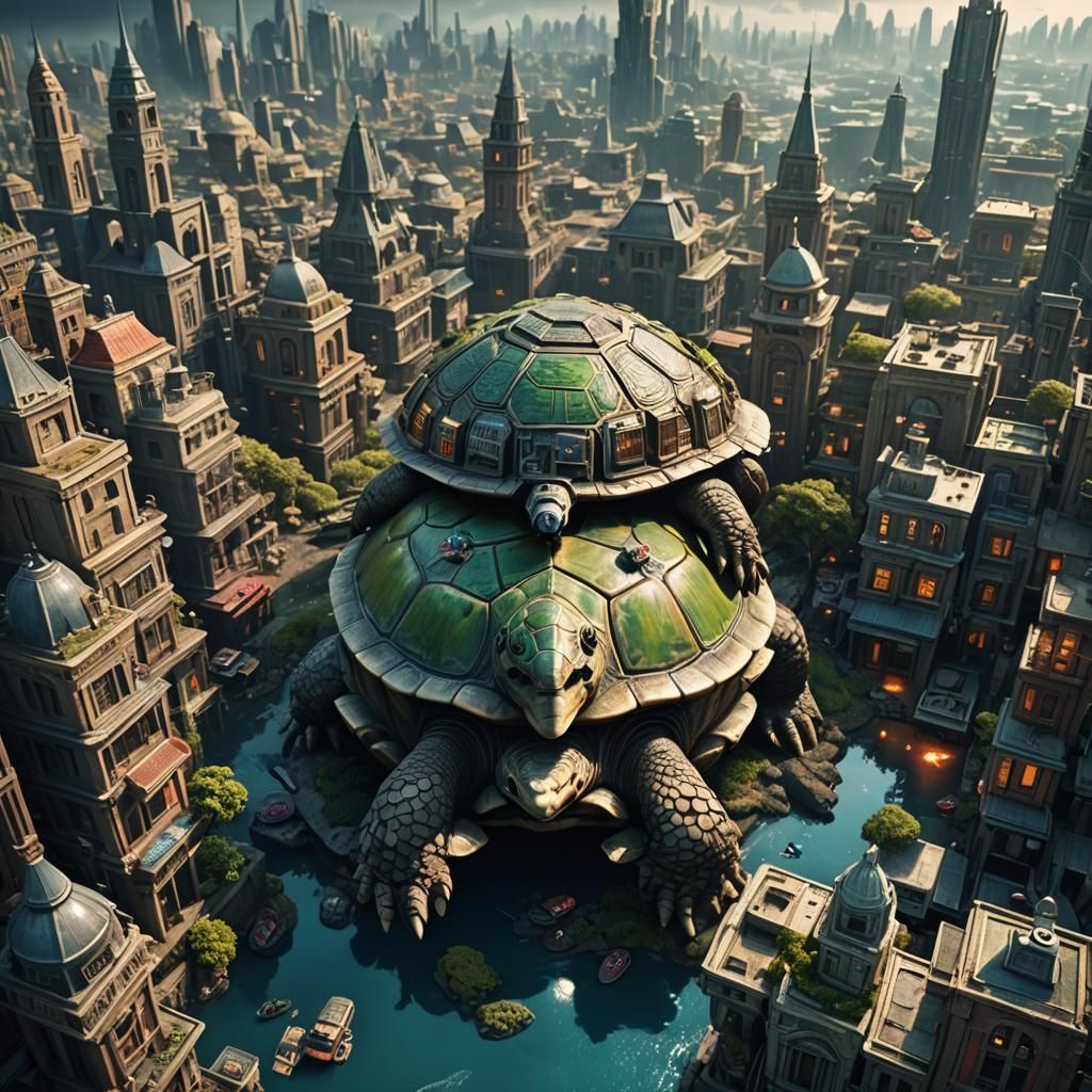 Miniature City Rides a Giant Turtle