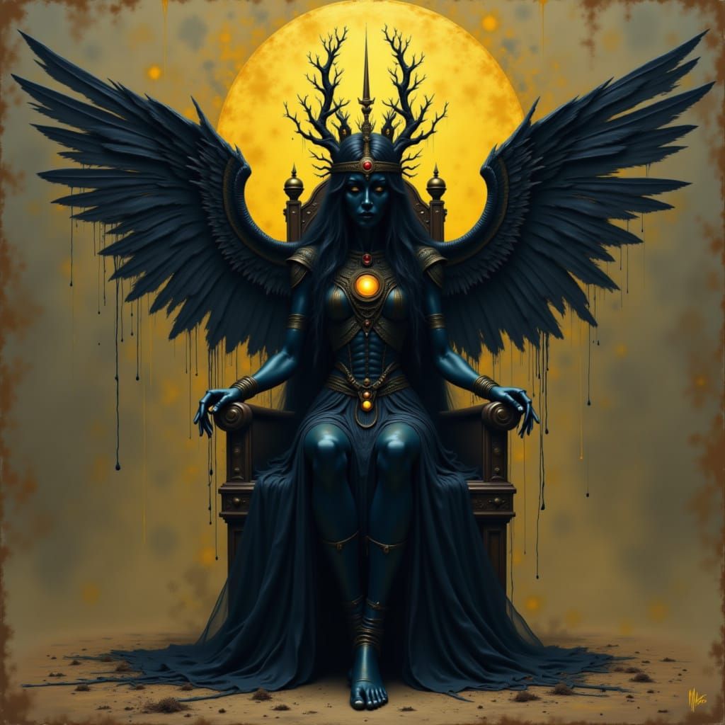 Egyptian Priestess and Raven on Throne