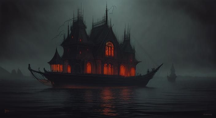 Steampunk Vampire Boat in Eerie Gothic Waters