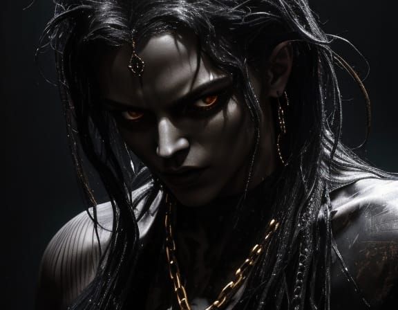 Devilish Figure Entangled in Glowing Chains Grunge Oil Paint...