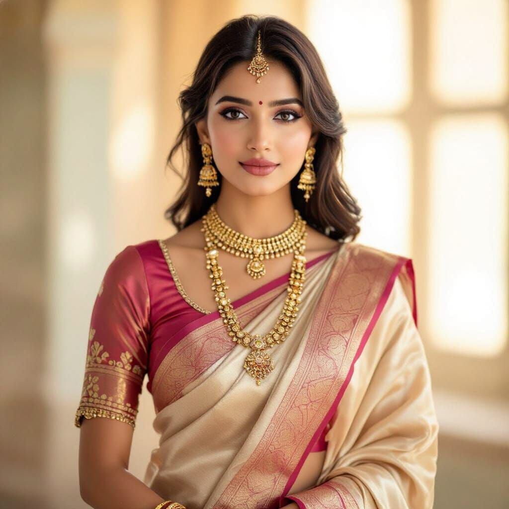 Indian Woman in Silk Saree in Vintage Bollywood Studio