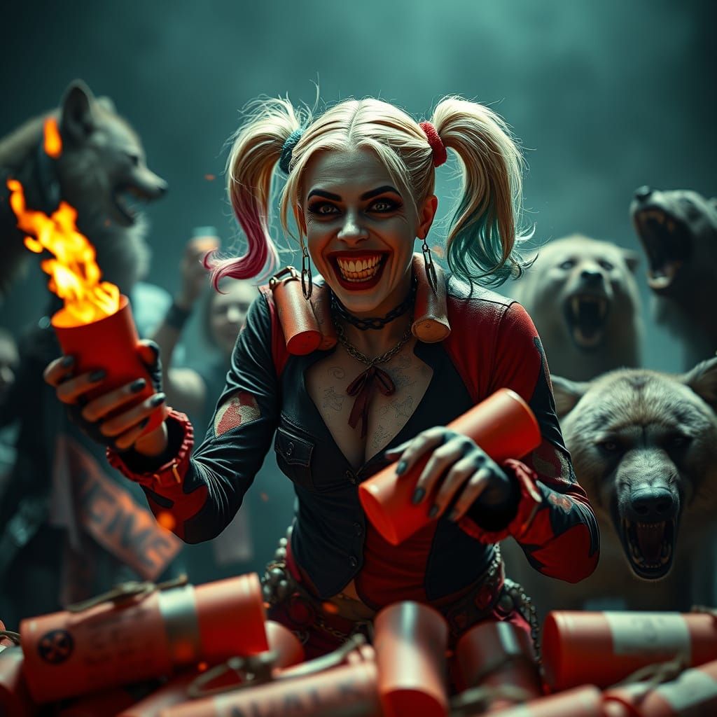 Zombie Harley Quinn Tossing Dynamite: Cinematic Film Still