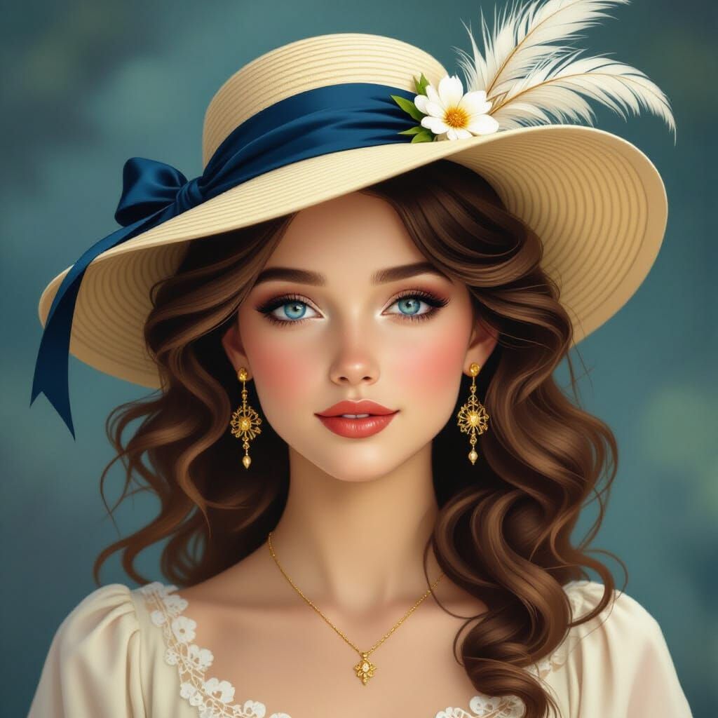 Beautiful Woman with Sun Hat in Art Nouveau Style