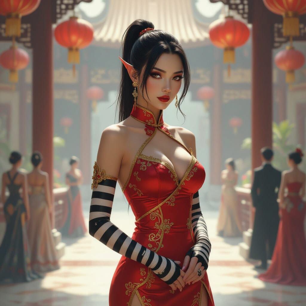 Tiefling in Red Cheongsam at Luxurious Ball
