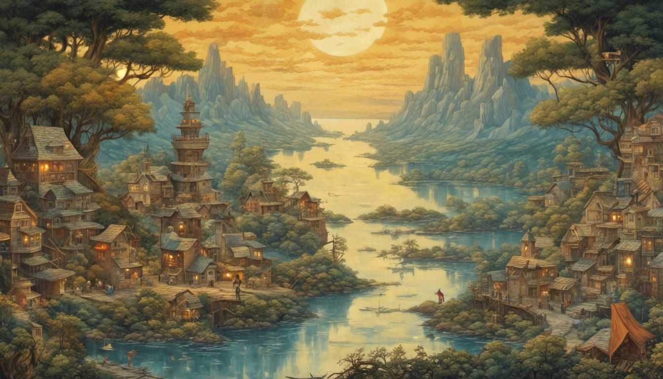 Jellyfish Float in Anime Village, Surreal Oil Painting