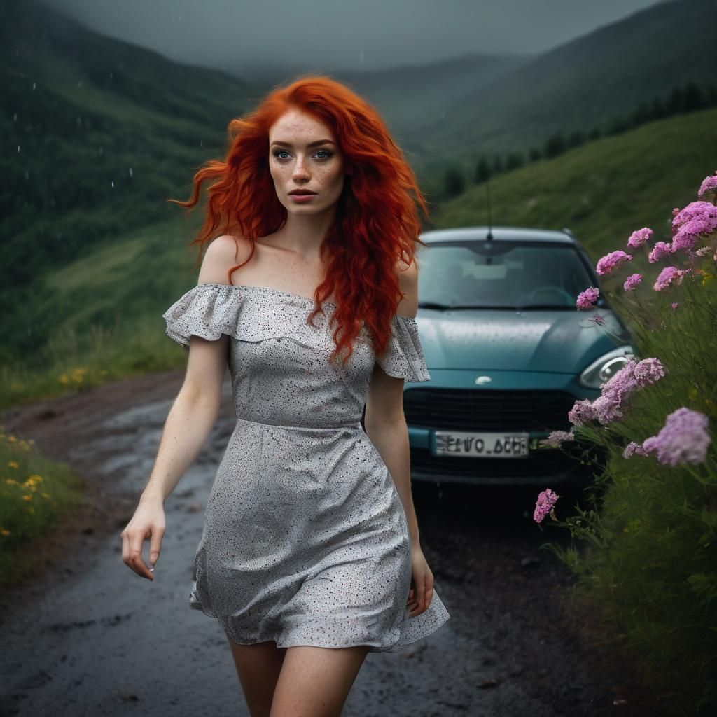 Redhead in Gala Dress During Thunderstorm