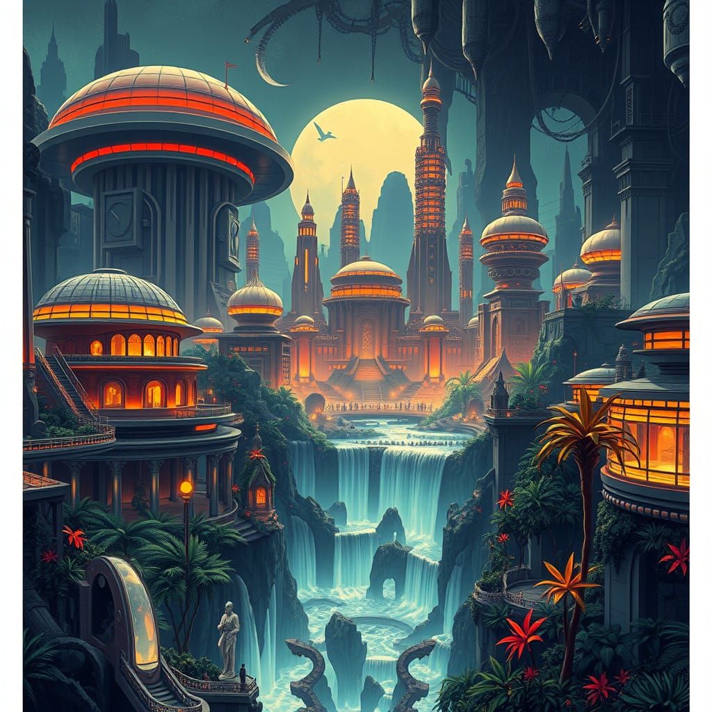 Cyberpunk Jungle Metropolis in a Dystopian Alien World