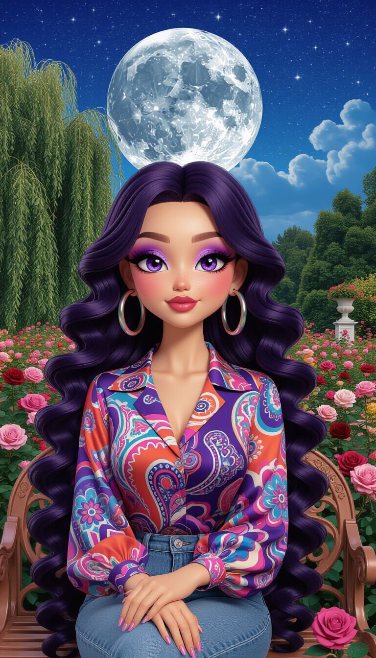 Anime Woman in Rose Garden with Full Moon