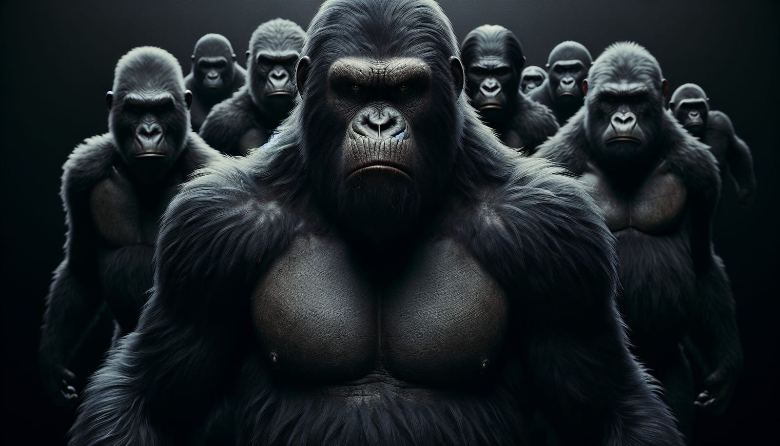 Imposing Apes Marching Forward in Hyperrealistic Detail