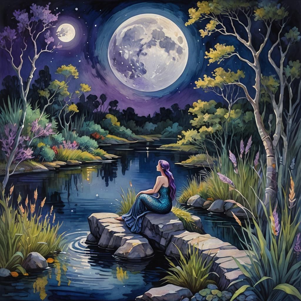 Mermaid in Gouache Style Moonlight River