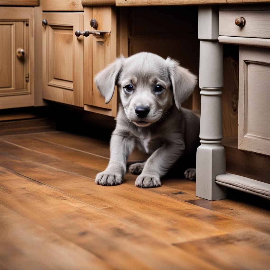 Gray Puppy Biting a Table Leg in Old Kitchen