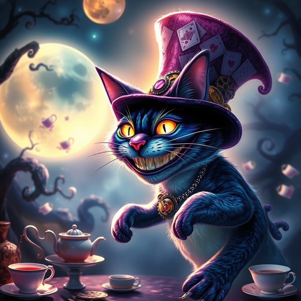 Ethereal Cheshire Cat in Whimsical Wonderland Setting