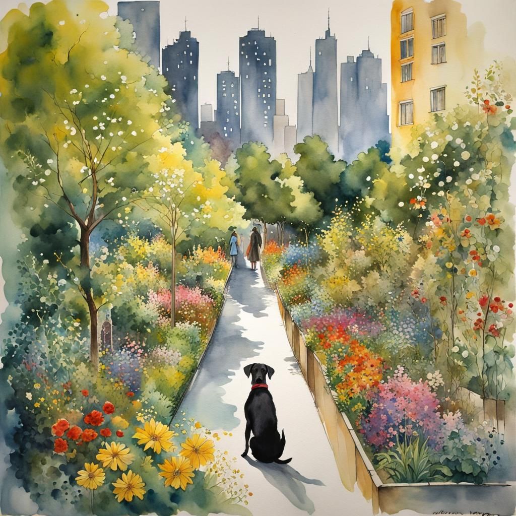 Lush Urban Garden in Impressionist Watercolor Style