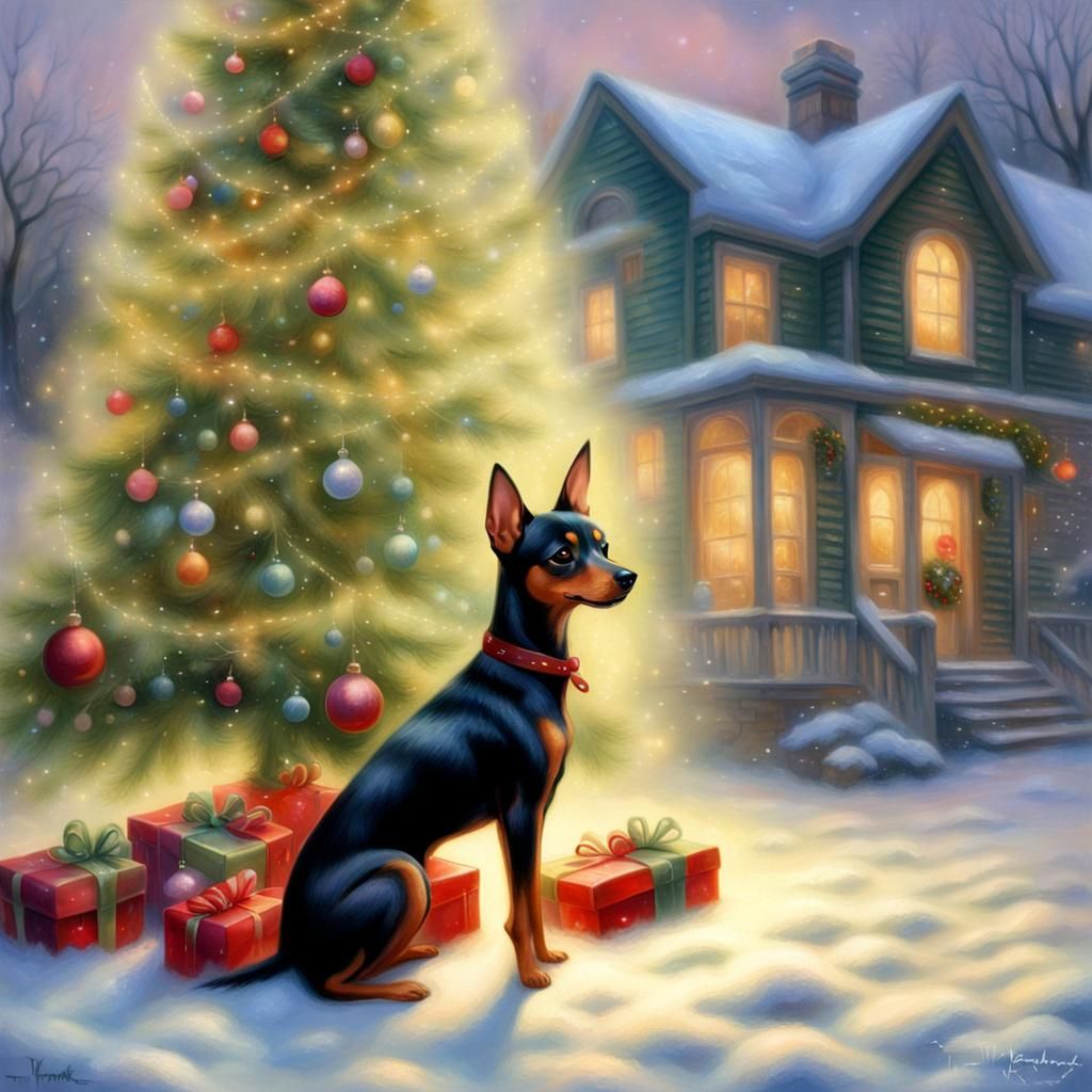 Miniature Pinscher Dog in Kinkade-Inspired Christmas Scene