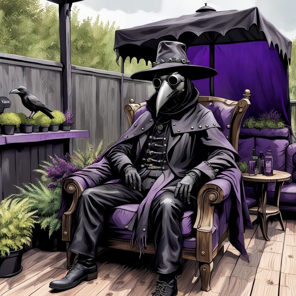 Hyperrealistic Scarecrow in Plague Doctor Mask on Purple Cou...